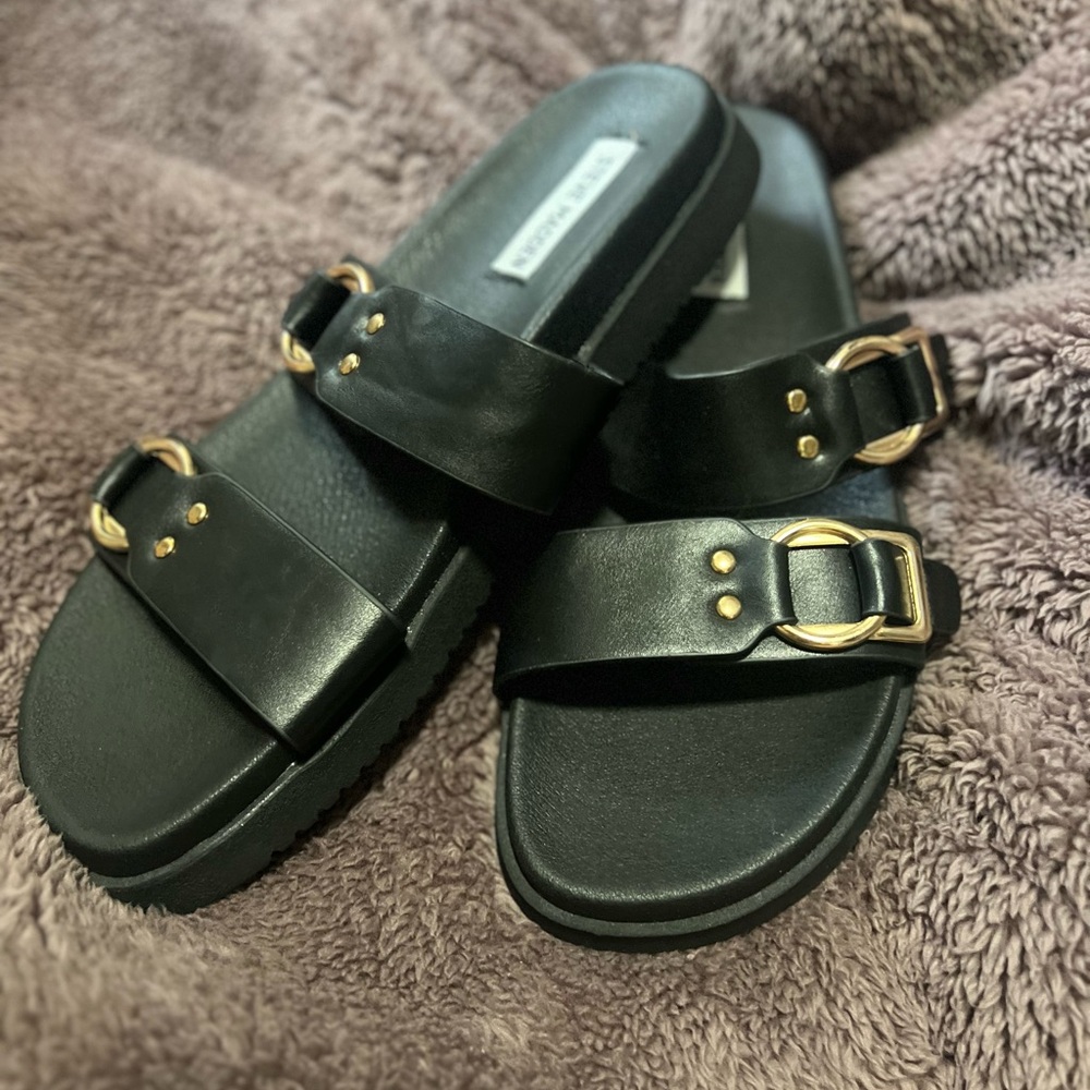 Steve Madden Black Sandals with Gold Accents